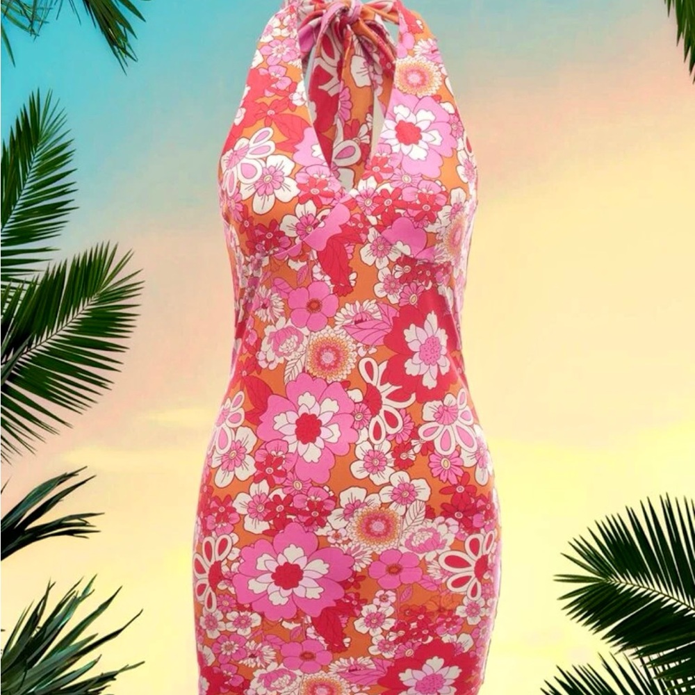 Pink Colorful Floral Print Halter Top Bodycon Dress Small S